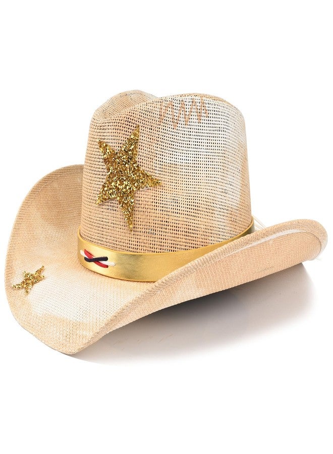 Foeran Cowboy Hat with Men's Women's Western Cowgirl Straw Hats,American Style Gold Glitter Star Braided Headband - Image 1